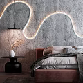 Modern Bedroom Interior Design With Wavy Light Strip Gray Wall Brown Bed And Green Plant