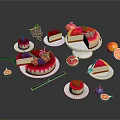 Delicious Raspberry Cakes Slices And Fresh Fruits On Plates With Grapes Pomegranate Oranges