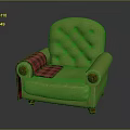 Green Single Sofa With Diamond Tufted Backrest Red Plaid Blanket On Armrest And Wooden Legs