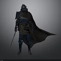 Armored Medieval Warrior In Blue Armor With Helmet Black Cape And Sword