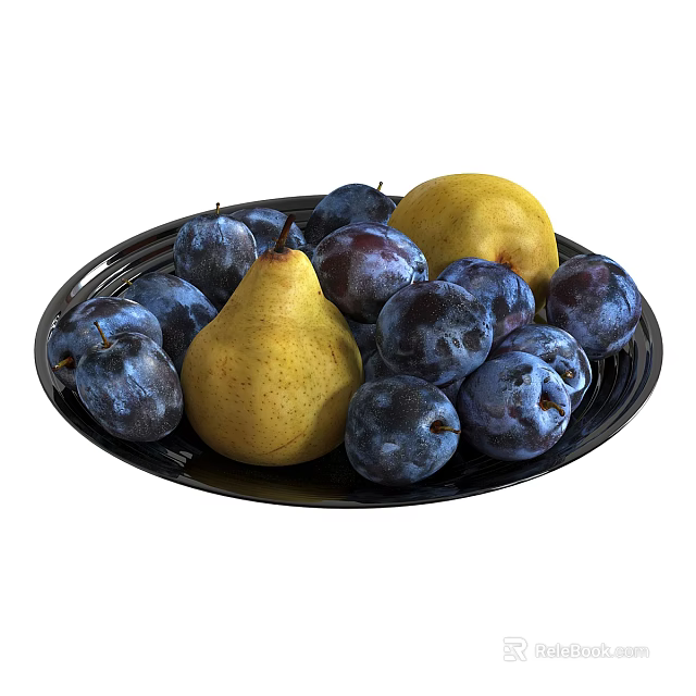 Fresh Yellow Pears and Purple Plums Arranged on Black Plate as Healthy Fruits Selection 3d model 