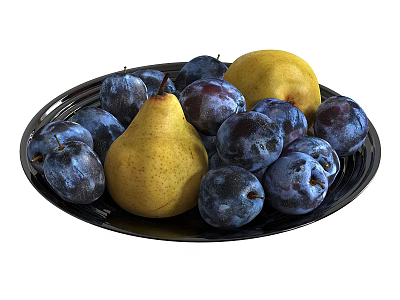 Fresh Yellow Pears and Purple Plums Arranged on Black Plate as Healthy Fruits Selection 3d model