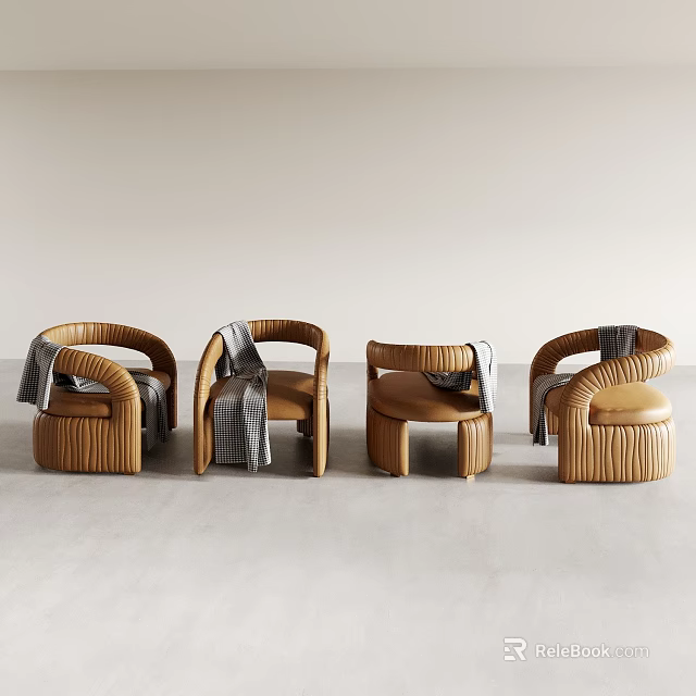 Modern Brown Leather Sofa Stools With Curved Design And Gray Blankets 3d model 