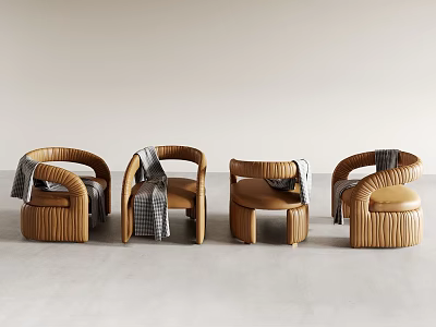 Modern Brown Leather Sofa Stools With Curved Design And Gray Blankets 3d model
