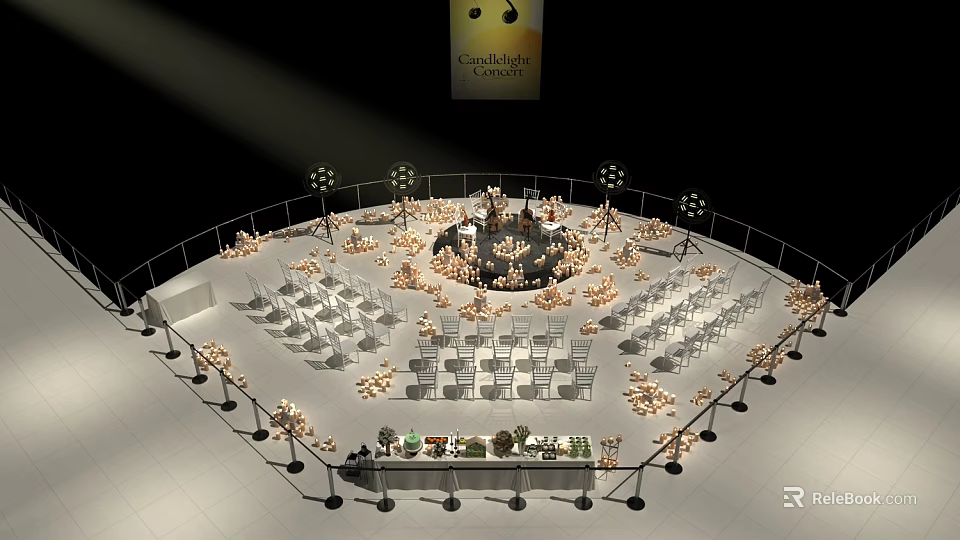 Circular Celebration Corner Venue Setup With White Chairs Central Stage And Decorative Lights 3d model 
