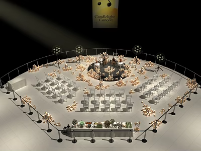 Circular Celebration Corner Venue Setup With White Chairs Central Stage And Decorative Lights 3d model