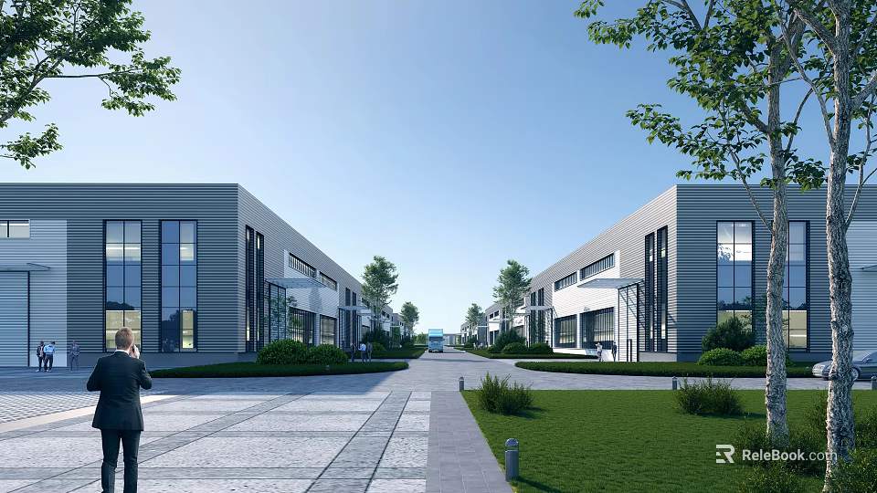 Modern Industrial Factory Buildings With Glass Facades And Green Landscaping 3d model 