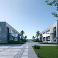 Modern Industrial Factory Buildings With Glass Facades And Green Landscaping