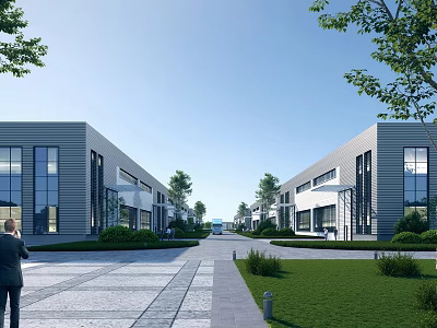 Modern Industrial Factory Buildings With Glass Facades And Green Landscaping 3d model