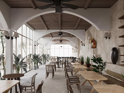 Bright Café Interior With Arched Wooden Ceilings Large Windows And Green Plants 3d model