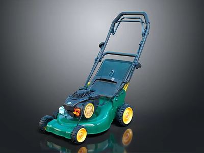 Green Lawn Mower With Black Handle Yellow Wheels And Bottom Engine 3d model