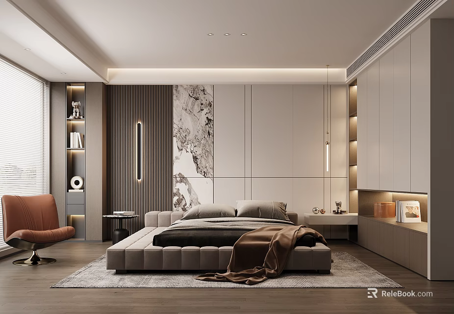 Modern Bedroom Interior With Platform Bed Wooden Accent Wall And Built In Cabinets 3d model 