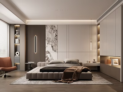 Modern Bedroom Interior With Platform Bed Wooden Accent Wall And Built In Cabinets 3d model