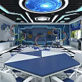 School Science Laboratory With Blue White Hexagonal Decor Circular Ring Installations Tables Chairs And Windows 3d model