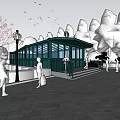 Modern Green Station Building with Glass Walls Surrounded by Trees Pedestrians Lamp Posts and Birds
