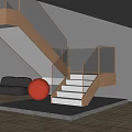 Modern Staircase with Glass Railing Wooden Handrail White Steps Black Sofa Red Spherical Decor