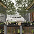 Modern Café Interior with Wooden Counter Black Bar Stools Green Plants Pendant Lights Patterned Floor