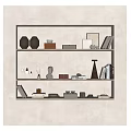Modern Minimalist Decorative Ornaments Set on Floating Shelves with Books Geometric Decor and Warm Lighting