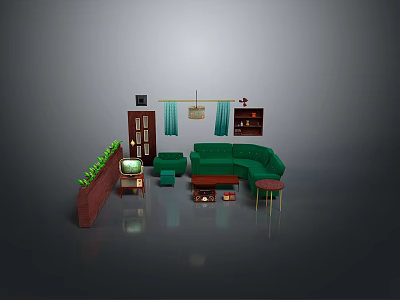 Cozy Living Room Furniture With Green Corner Sofa Wooden Coffee Table And Bookshelf 3d model