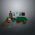 Cozy Living Room Furniture With Green Corner Sofa Wooden Coffee Table And Bookshelf