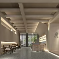 Hotel Lobby Interior Design With Beamed Ceiling Pendant Lights Reception Desk And Wooden Staircase