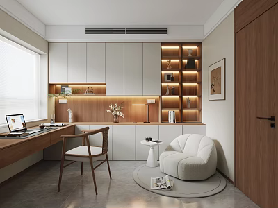 Modern Study Room Interior With Wooden Desk Cozy Armchair And Illuminated Bookshelf 3d model