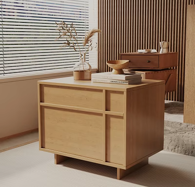 Minimalist Light Wood Nightstand With Vase Stacked Books And Bowl By Window In Bedroom 3d model