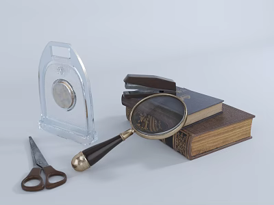 Essential Household Supplies With Scissors Magnifying Glass Books And Clear Container 3d model
