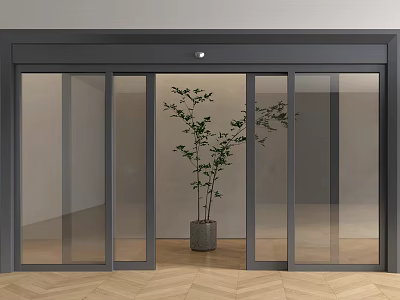 Sleek Modern Interior Design With Glass Bi fold Doors Herringbone Floor And Potted Plant 3d model