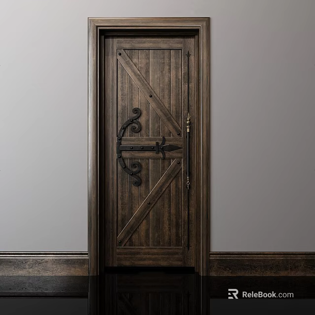 Classic Dark Wooden Hinged Door With Ornate Metal Hardware And Traditional Design 3d model 