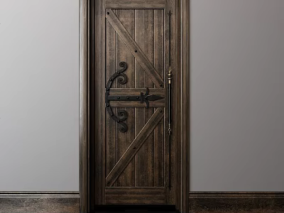 Classic Dark Wooden Hinged Door With Ornate Metal Hardware And Traditional Design 3d model