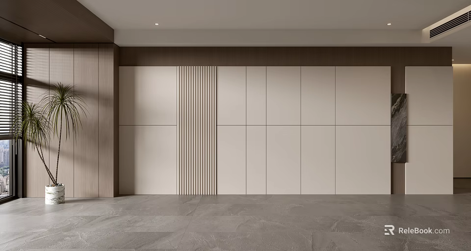 Modern Minimalist Sofa Accent Wall With Light Colored Panels And Wooden Elements 3d model 