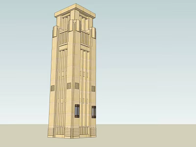 Tall Beige Stone Tower With Vertical Decorative Lines And Small Windows On Step Base 3d model