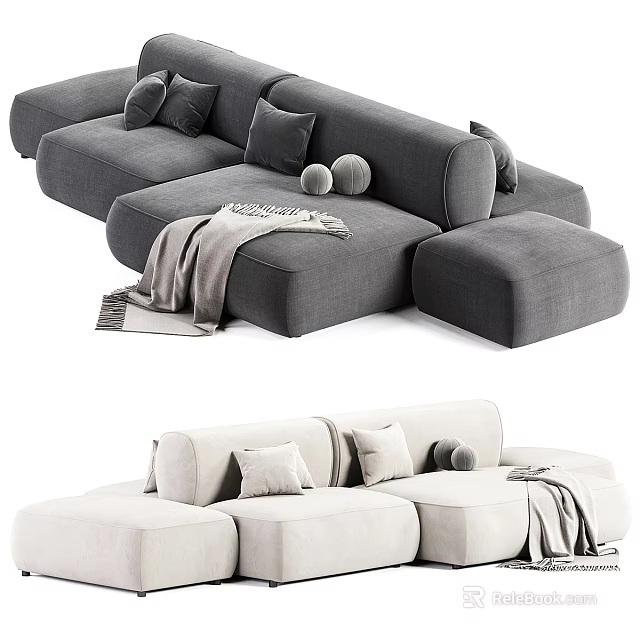 Gray and Beige Sectional Sofa with Pillows and Throw Blanket Modern Minimalist Living Room Furniture 3d model 