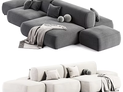 Gray and Beige Sectional Sofa with Pillows and Throw Blanket Modern Minimalist Living Room Furniture 3d model