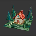 Cartoon Scene With Small House Red Roof Green Trees Wavy Green Grass And White Stones