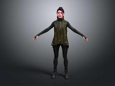 Character in Green Vest and Black Outfit with Wolf Creature in Gray Setting 3d model