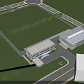 Modern Office Building Exterior With Geometric Facade Large Windows Entrance And Lawn Area