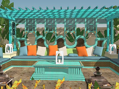 Turquoise Carved Pergola With Colorful Cushions And Green Plants In Outdoor Space 3d model