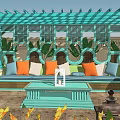 Turquoise Carved Pergola With Colorful Cushions And Green Plants In Outdoor Space