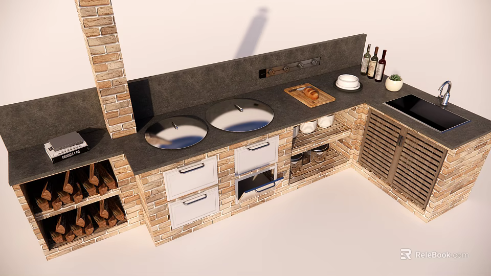 Rustic Kitchen Cabinets With Brick Chimney Double Stoves And Wine Rack Design 3d model