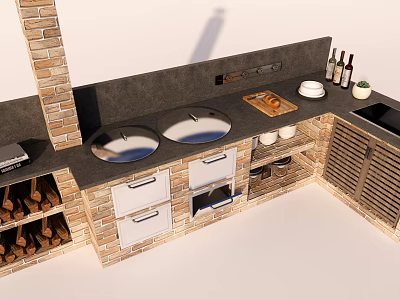 Rustic Kitchen Cabinets With Brick Chimney Double Stoves And Wine Rack Design 3d model