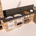 Rustic Kitchen Cabinets With Brick Chimney Double Stoves And Wine Rack Design 3d model