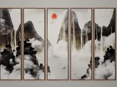 Traditional Chinese Landscape Painting With Red Sun Mountains Waterfalls Clouds Small Boat And Flying Birds 3d model