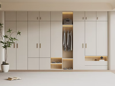 Modern White Wardrobe Interior Design with Open Storage Hanging Space and Potted Plant 3d model