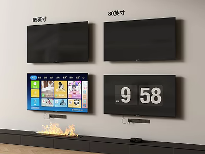 Wall Mounted 65 and 80 Inch Smart TVs with Color Interface and Time 3d model