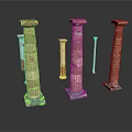 Classical Architectural Columns Featuring Main And Smaller Carved Patterned With Red Tops And Stone Bases