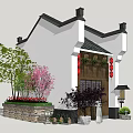 Traditional Chinese Ancient Architecture with Grey Brick Walls Curved Eaves Red Lanterns and Pink Flowering Tree