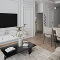 Modern Dining Living Room With Wooden Dining Table Chairs Pendant Lights And Green Plants