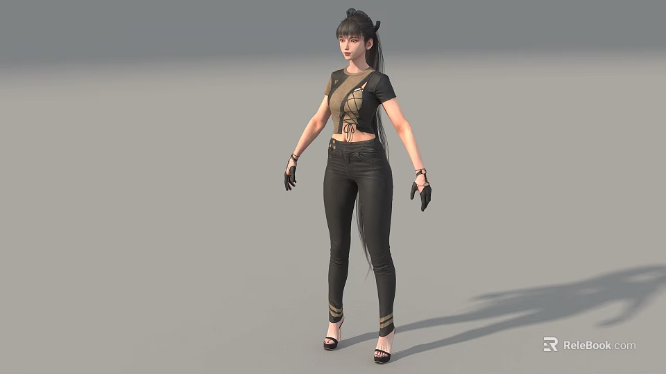Woman With Ponytail Wearing Black Short Sleeve Crop Top Skinny Jeans Gloves And Heels 3d model 